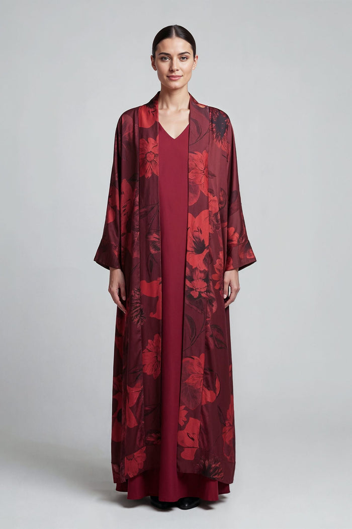 Burgundy Floral Bomb Satin Abaya Kaftan