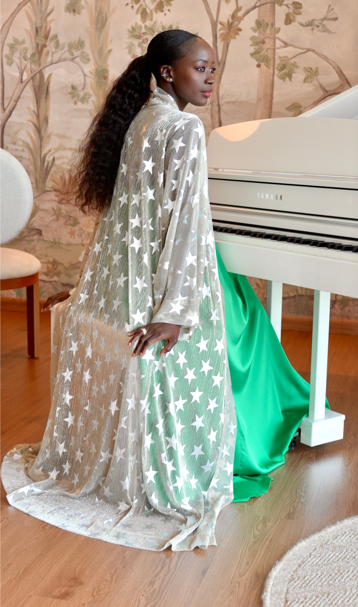 Golden Shimmering Mesh Silver Stars Abaya Kaftan