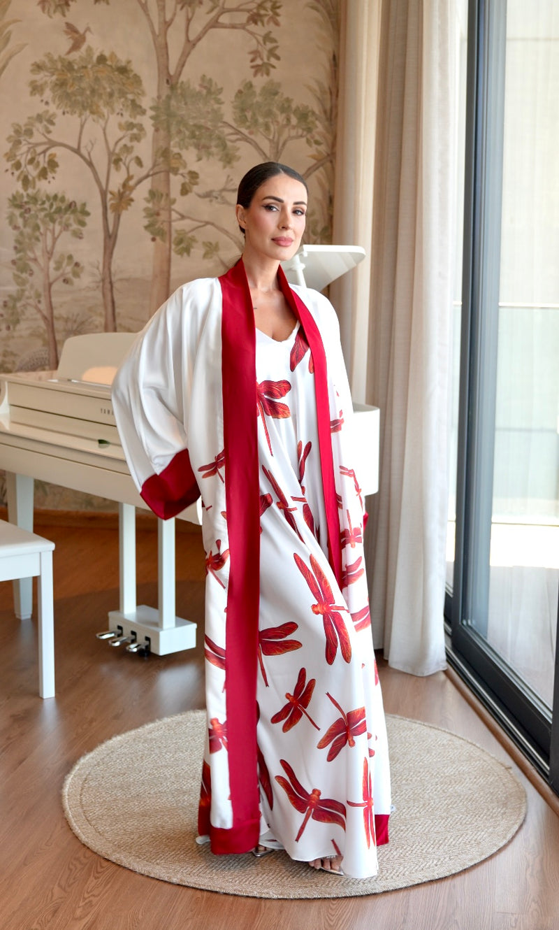 White Red Dragonfly Satin Mariella Dress
