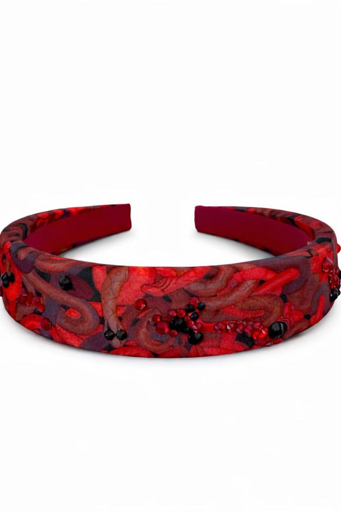Red Snakes Print Satin Rhinestone Embellished Headband