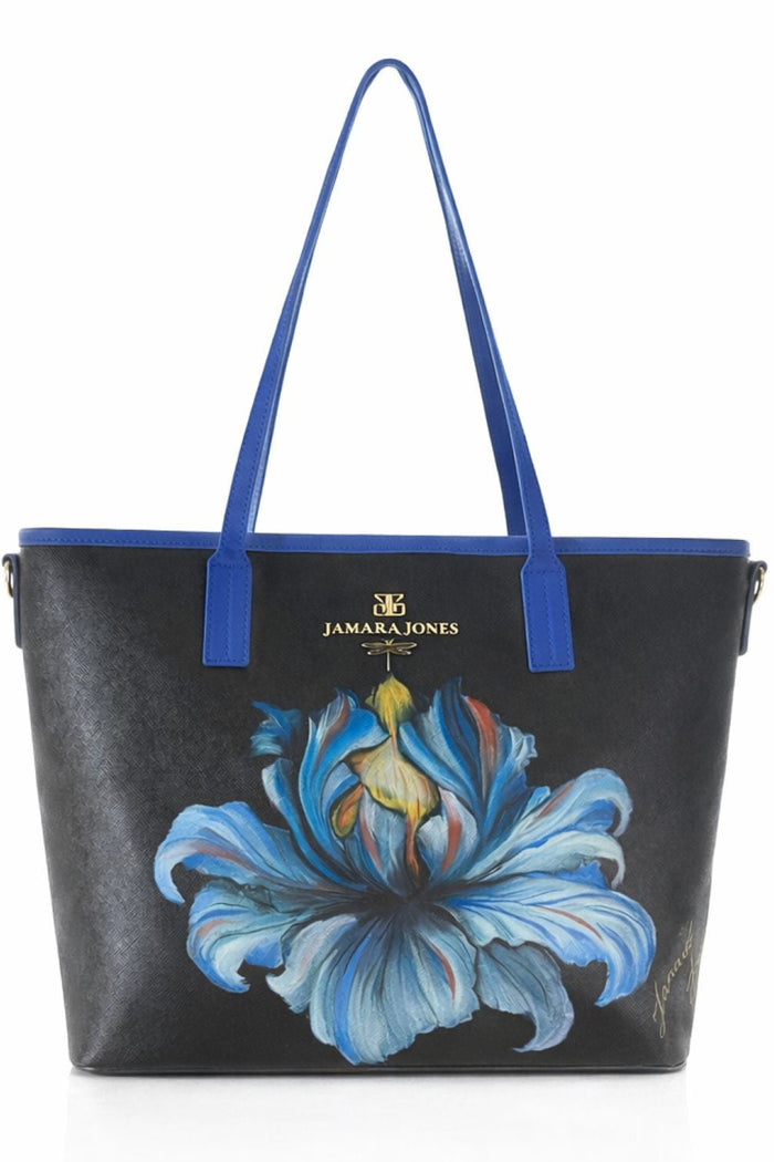 Blue Iris Hand Painted Orange Tote Bag