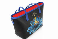 Blue Iris Hand Painted Orange Tote Bag