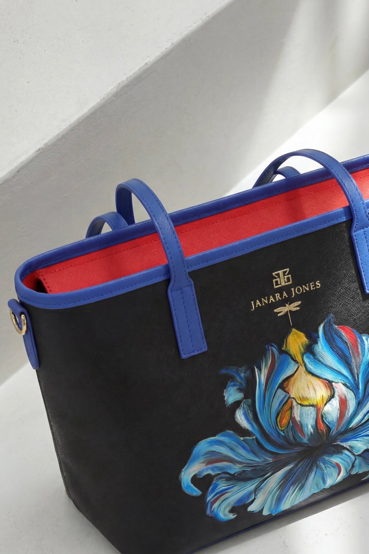 Blue Iris Hand Painted Orange Tote Bag
