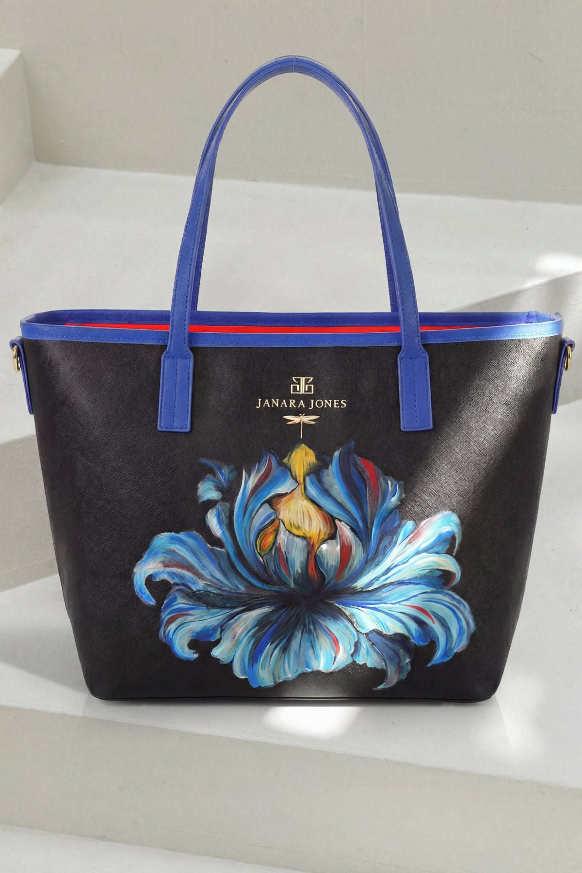 Blue Iris Hand Painted Orange Tote Bag