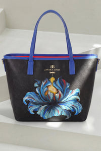 Blue Iris Hand Painted Orange Tote Bag