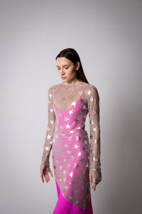 Pink Shimmering Mesh Silver Stars Lilly Dress