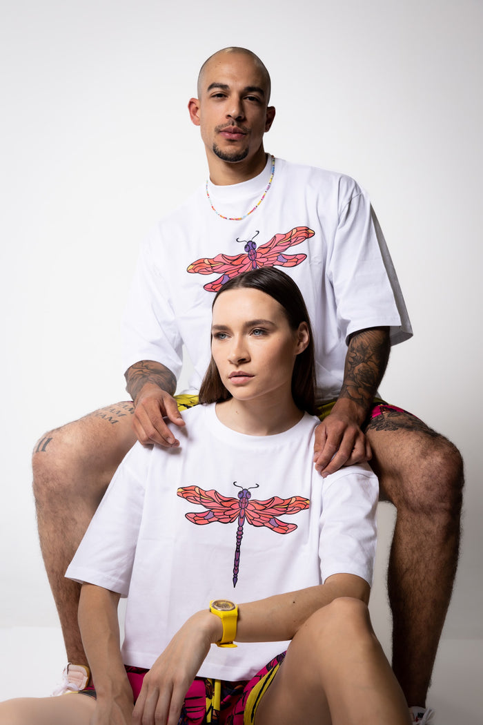 White Dragonfly Print Cotton Cropped T-Shirt