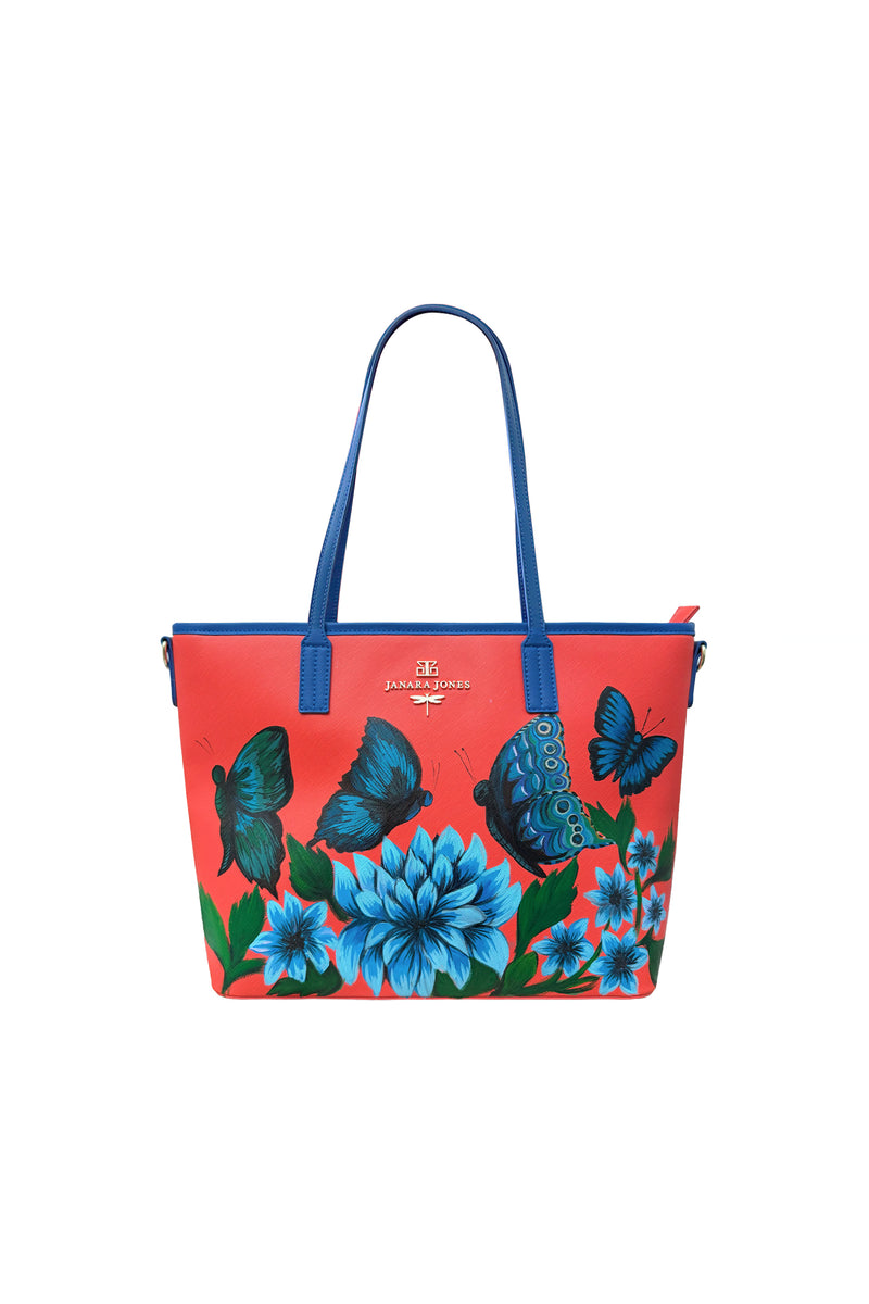 Blue Butterfly Garden Hand Painted Orange Tote Bag