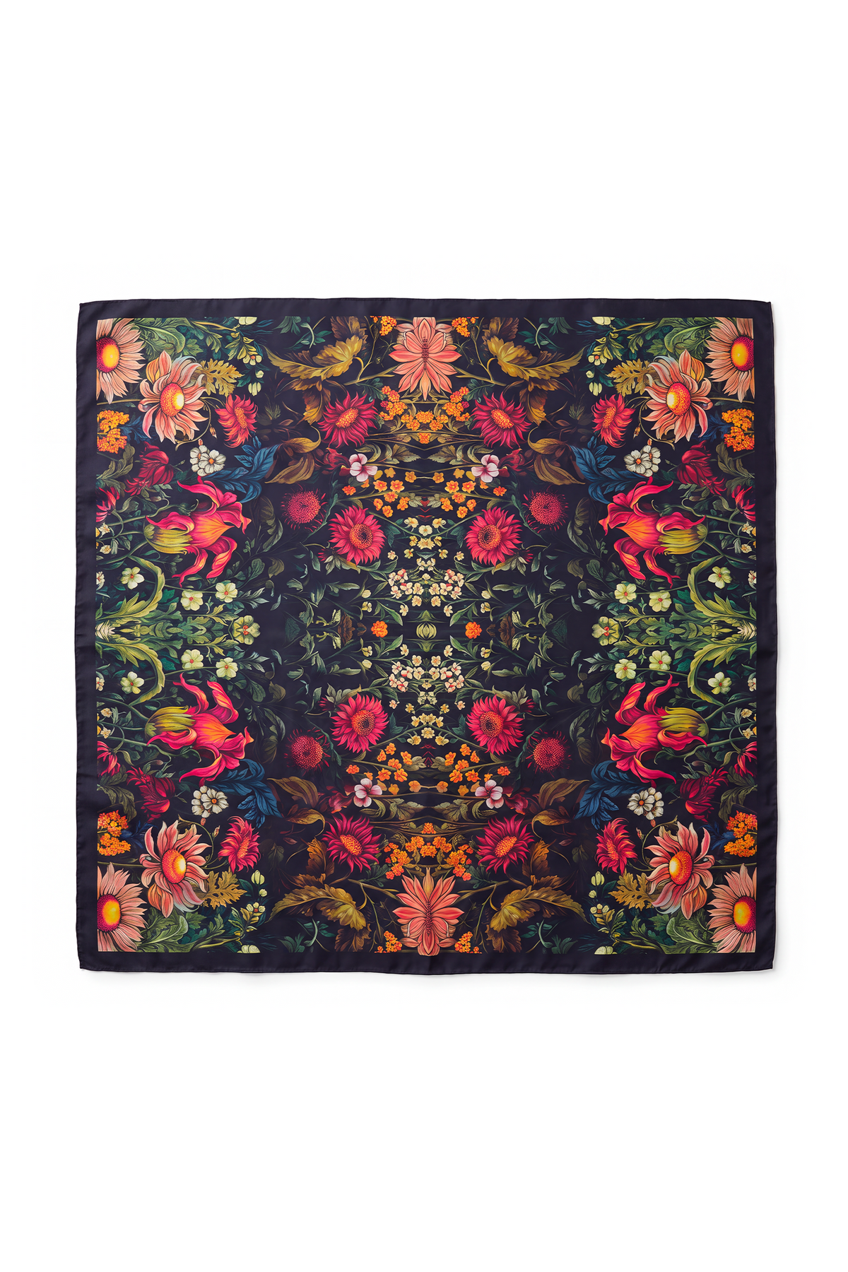 Black Floral Garden Satin Twill Scarf
