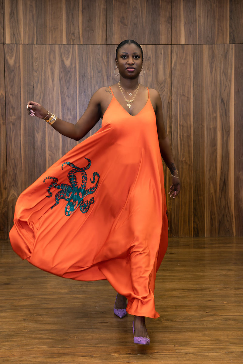 Fire Orange Octopus Print Satin Cami-Slip V-Neck Bias-Cut Maxi Dress
