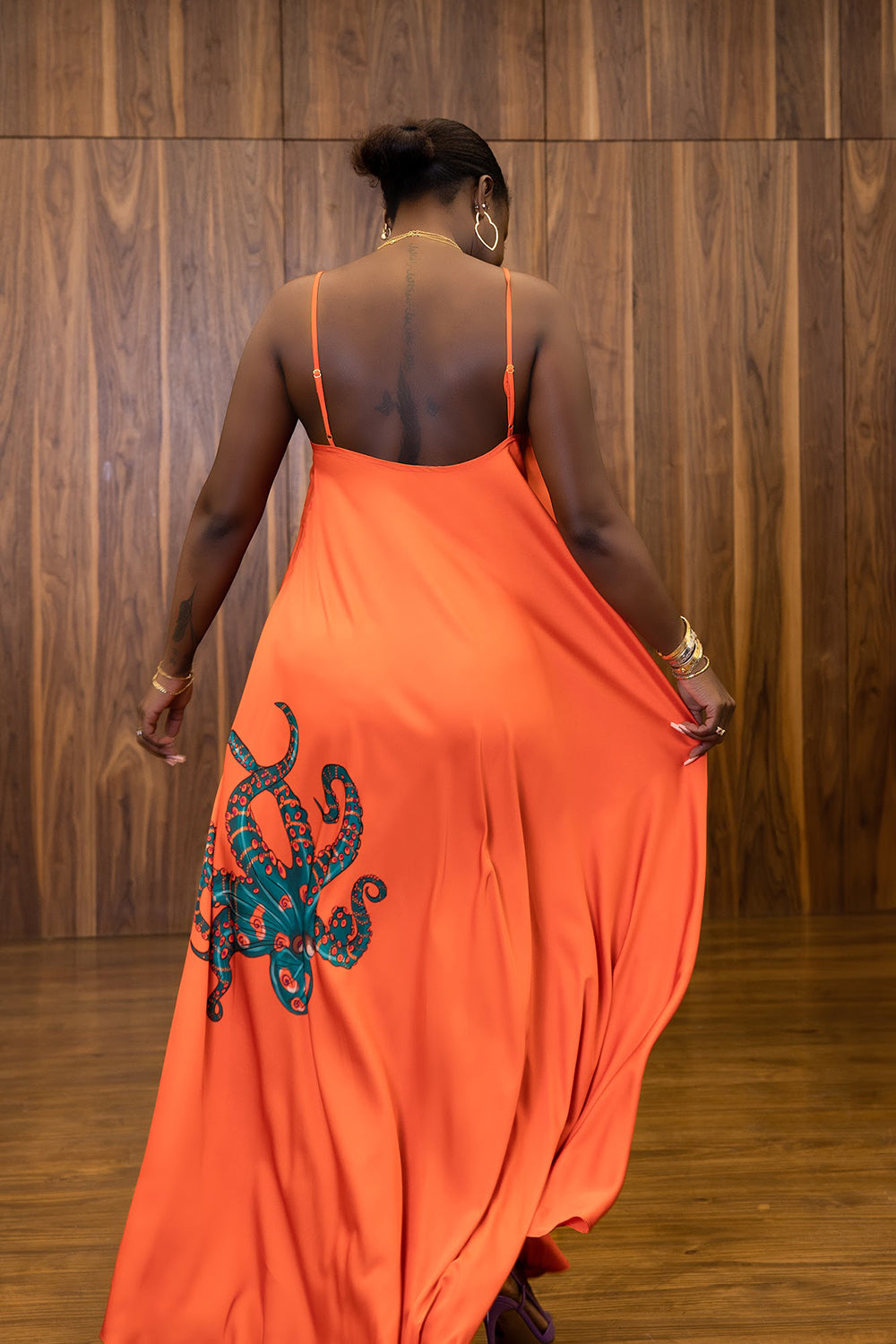 Fire Orange Octopus Print Satin Cami-Slip V-Neck Bias-Cut Maxi Dress