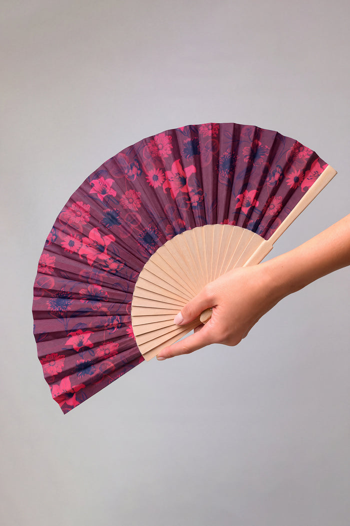 Burgundy Floral Bomb Print Wooden Hand Fan
