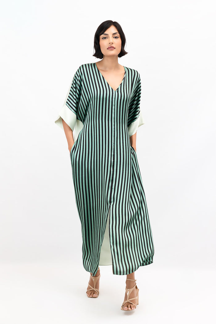 Green Stripes Print Satin V-Neck Short-Sleeve Maxi Dress