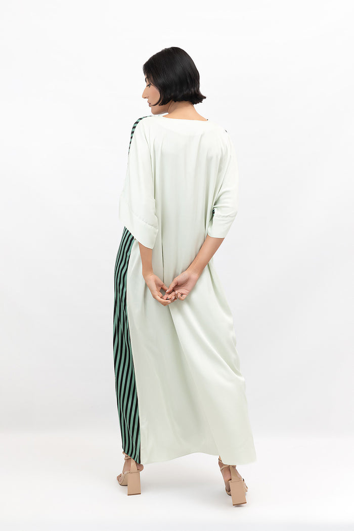 Green Stripes Print Satin V-Neck Short-Sleeve Maxi Dress
