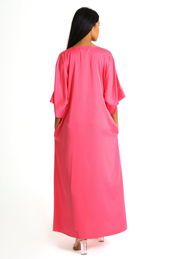 Peach-Pink Colorblock Satin V-Neck Short-Sleeve Maxi Dress