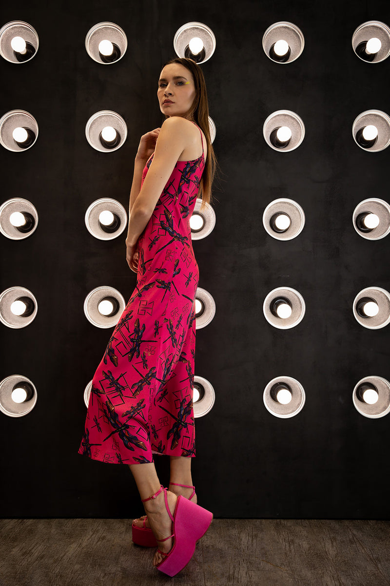 Pink Dragonfly Print Satin Bias-Cut Midi Dress