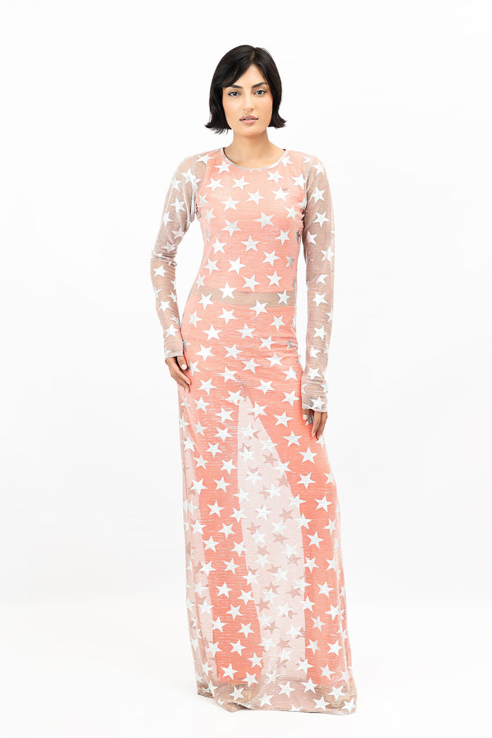 Pink Mesh U-Neck Long-Sleeve Maxi Dress