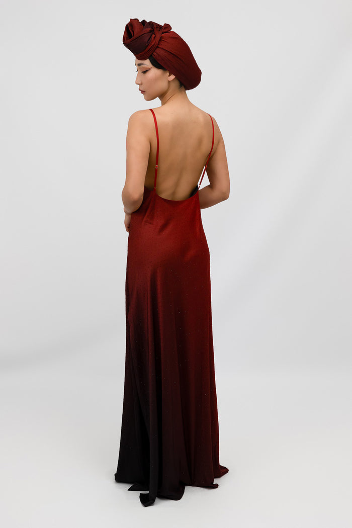 Red Ombre Rhinestones Satin Cami-Slip U-Neck Maxi Dress