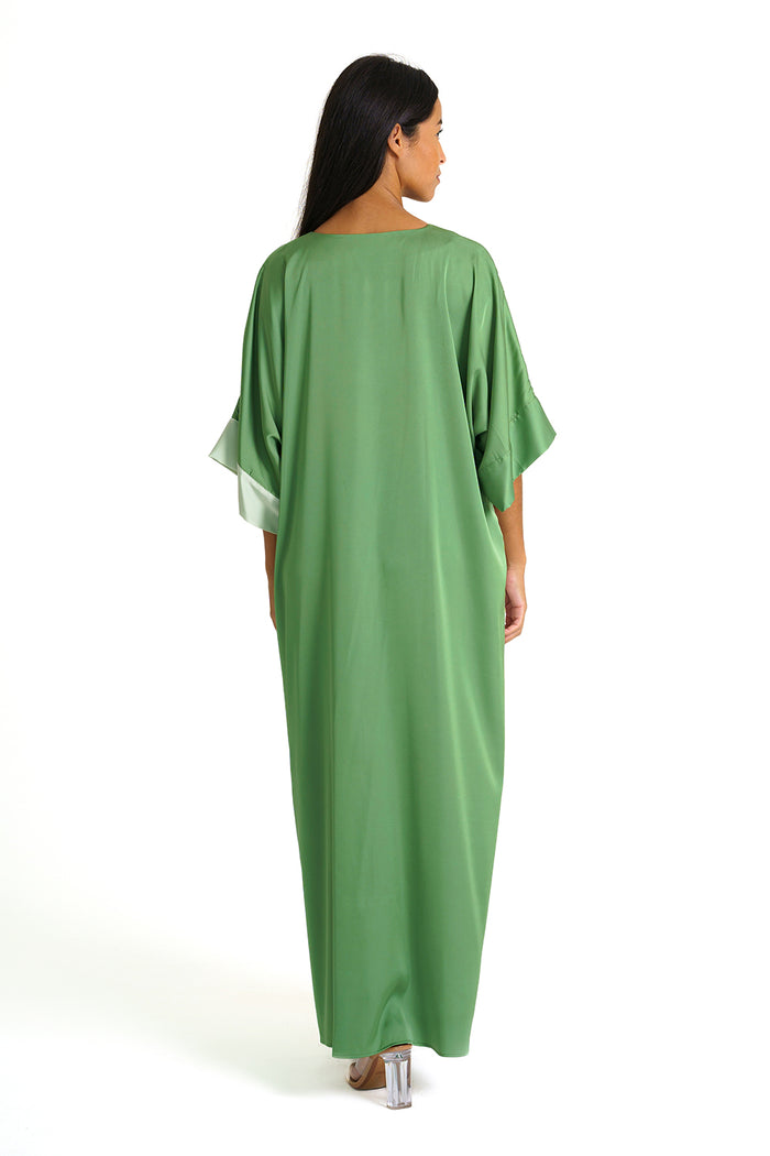 Sage-Green Satin V-Neck Short-Sleeve Maxi Dress