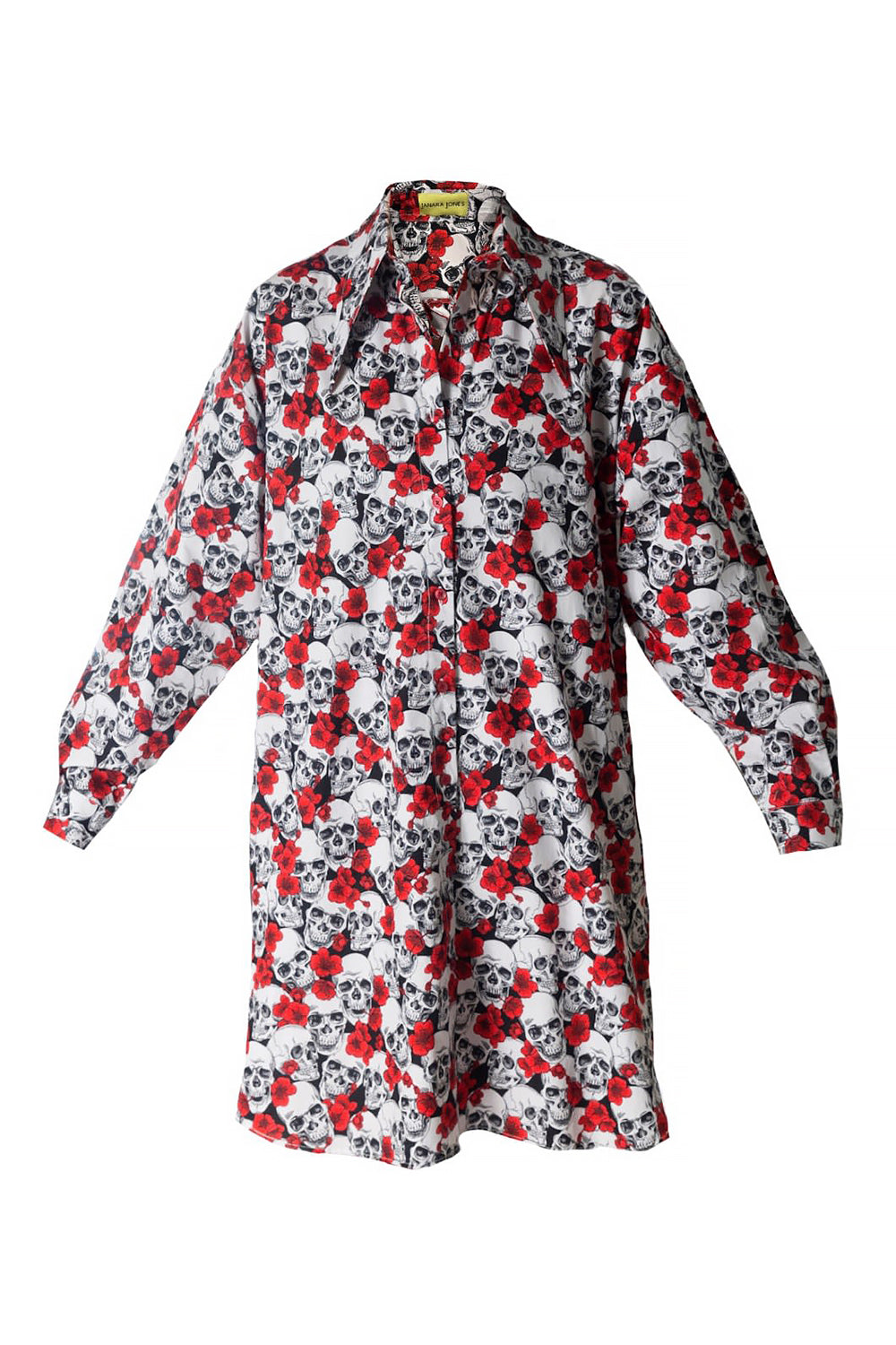 Sculls And Poppies Print Cotton Mini Shirt Dress