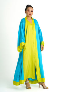 Sky-Blue Yellow Cuffs Satin Abaya Kaftan