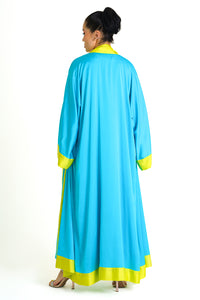 Sky-Blue Yellow Cuffs Satin Abaya Kaftan