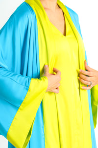 Sky-Blue Yellow Cuffs Satin Abaya Kaftan