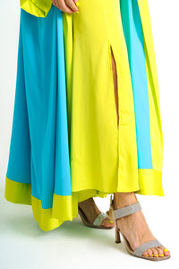 Sky-Blue Yellow Cuffs Satin Abaya Kaftan