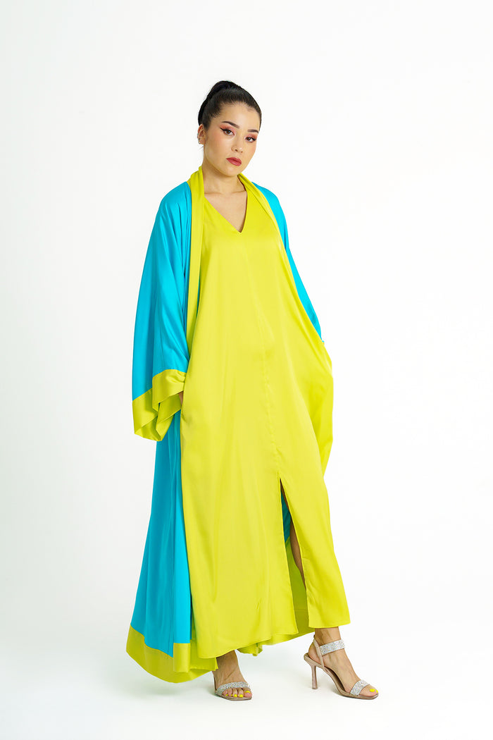 Yellow-Blue Colorblock Satin V-Neck Short-Sleeve Maxi Dress