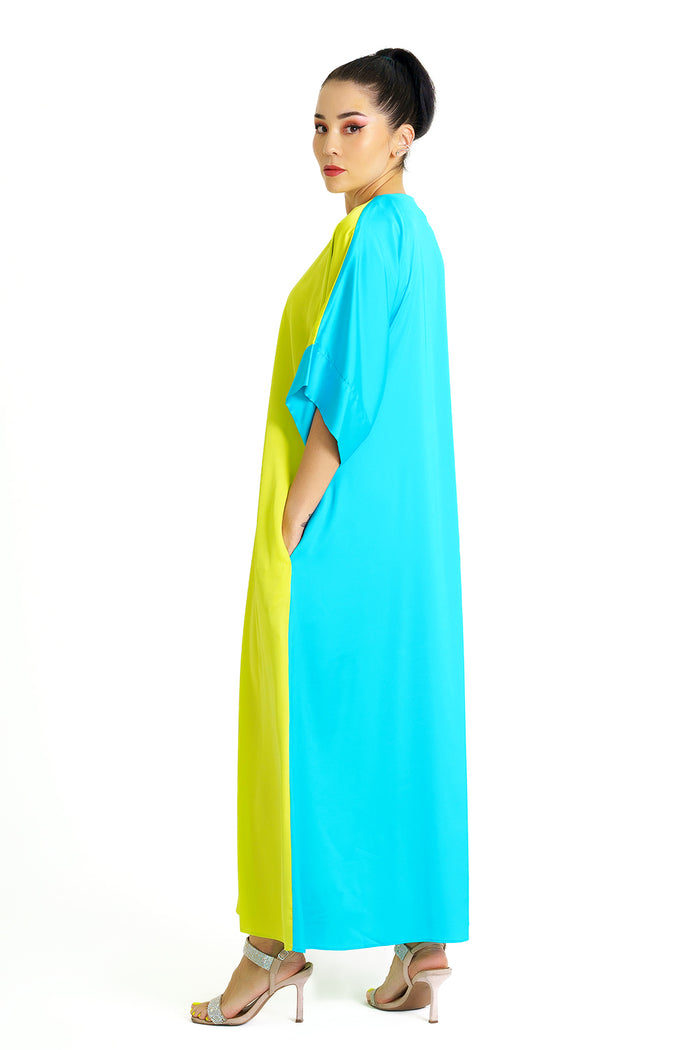 Yellow-Blue Colorblock Satin V-Neck Short-Sleeve Maxi Dress