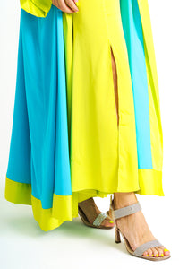 Yellow-Blue Colorblock Satin Dress