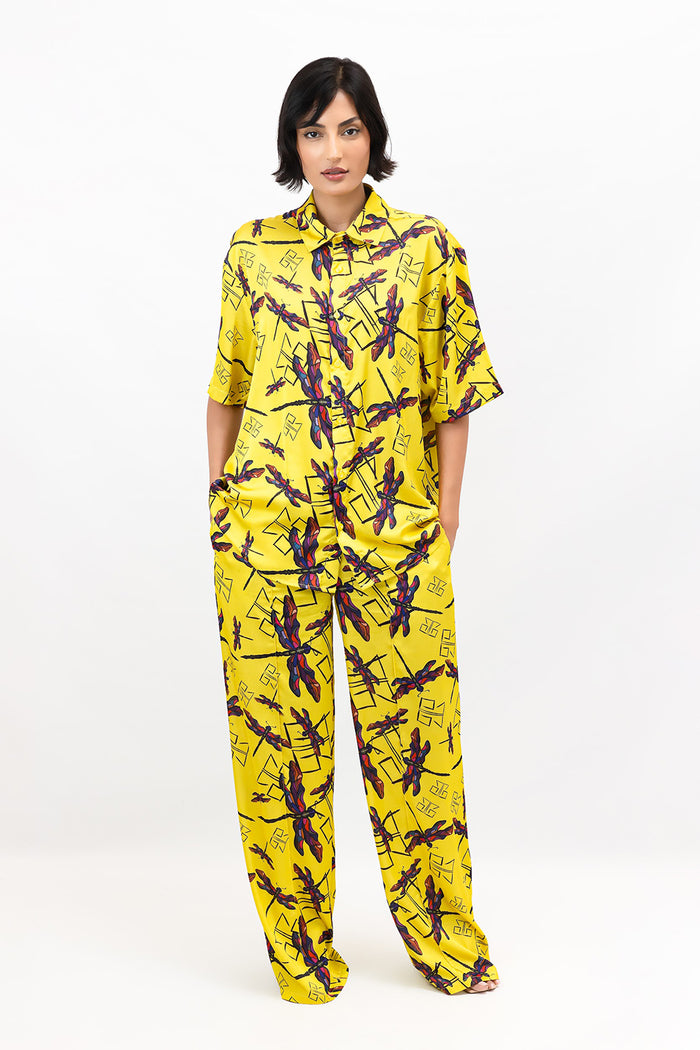 Yellow Dragonfly Print Satin Wide Legged Trousers