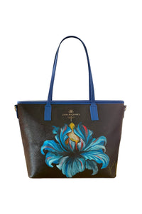 Blue Iris Hand Painted Orange Tote Bag