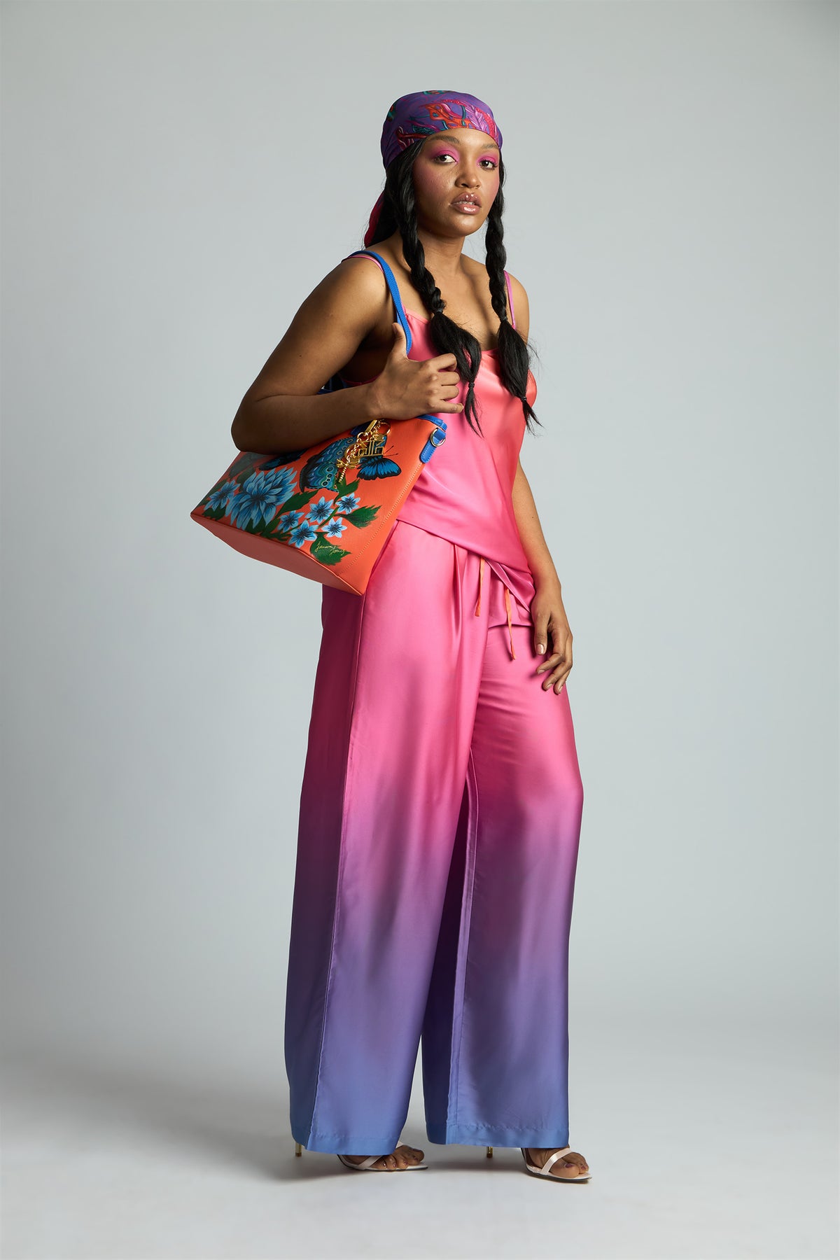 Blue Butterfly Garden Hand Painted Orange Tote Bag