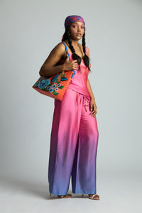 Blue Butterfly Garden Hand Painted Orange Tote Bag