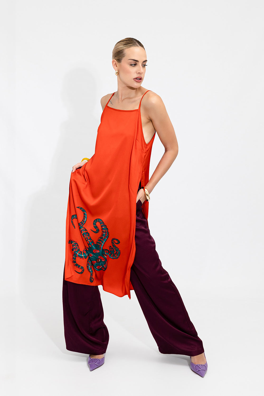 Fire Orange Octopus Satin Linda Cami Top