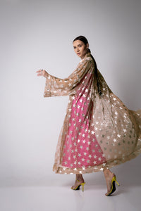 Golden Shimmering Mesh Silver Stars Abaya Kaftan