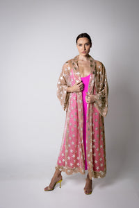 Golden Shimmering Mesh Silver Stars Abaya Kaftan