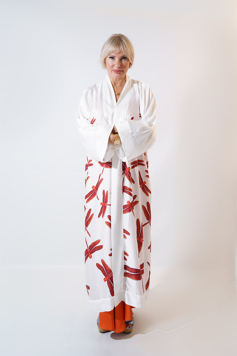 Red Dragonflies White Satin Abaya Kaftan