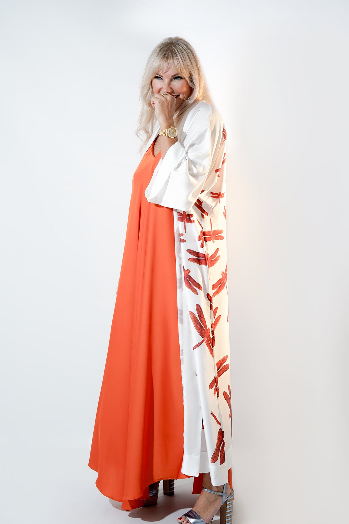 Red Dragonflies White Satin Abaya Kaftan