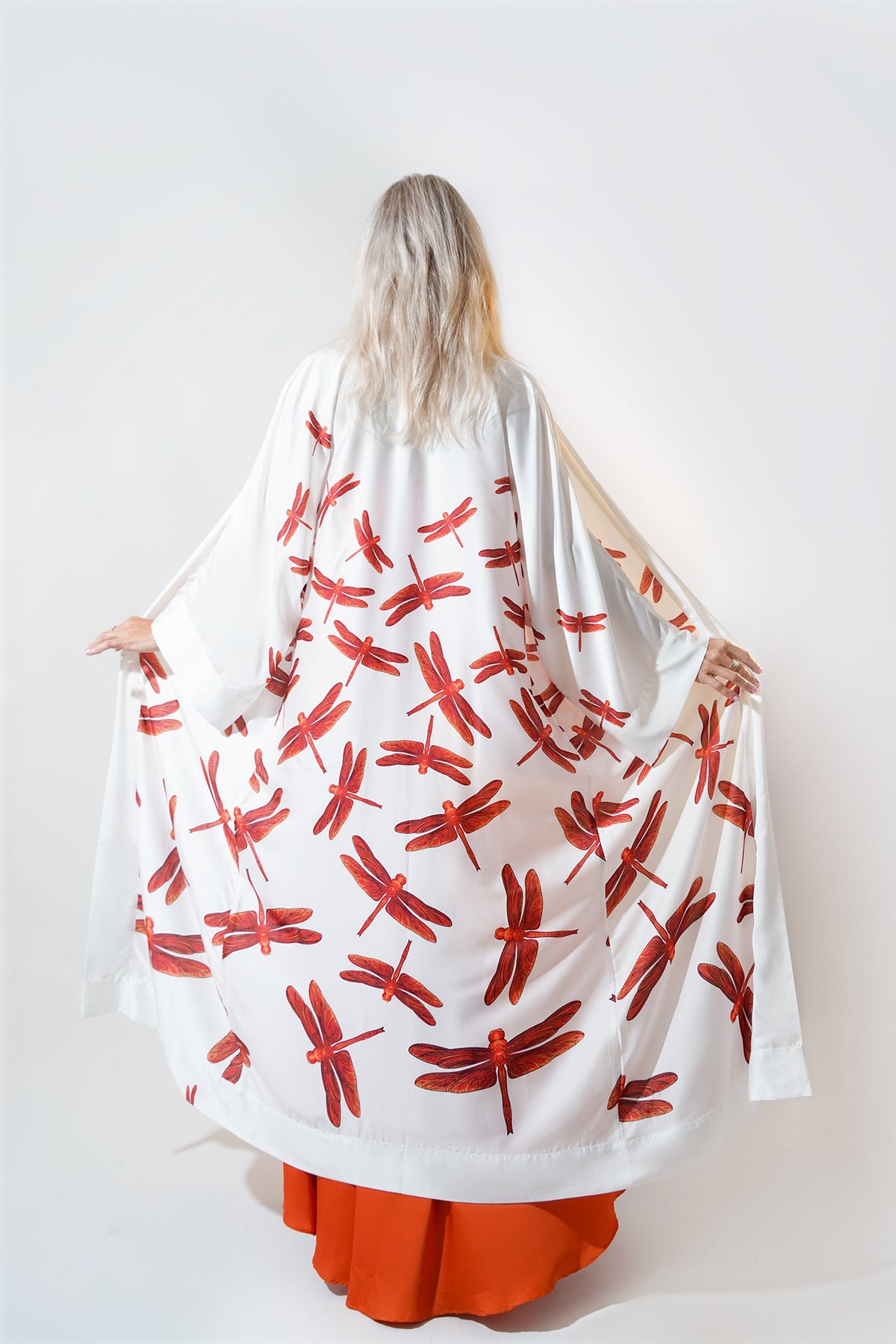 Red Dragonflies White Satin Abaya Kaftan