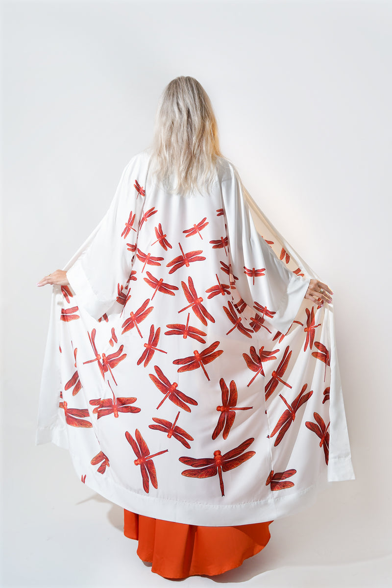 Red Dragonflies White Satin Abaya Kaftan