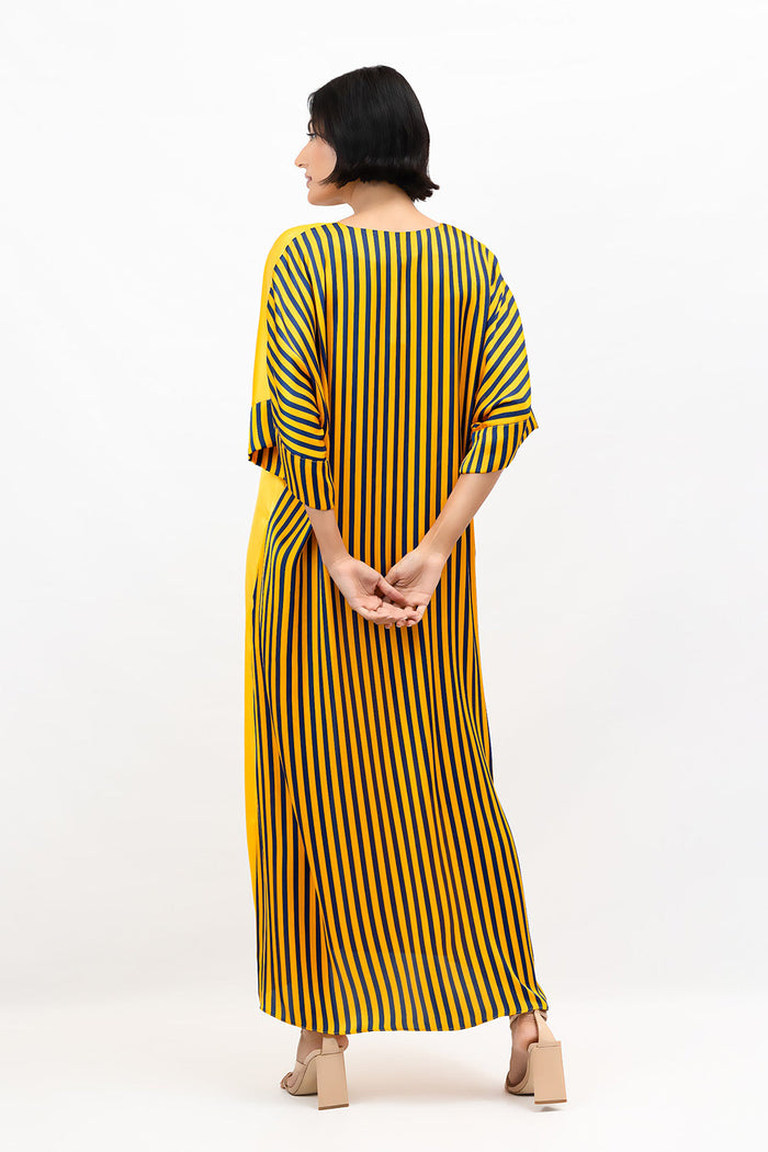 Yellow Stripes Print Satin V-Neck Short-Sleeve Maxi Dress