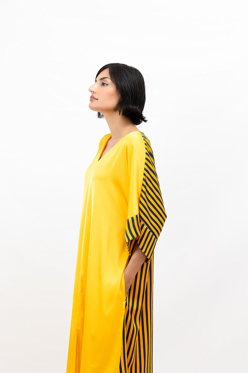 Yellow Stripes Print Satin V-Neck Short-Sleeve Maxi Dress