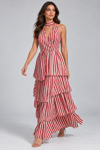 Red & Ivory Striped Tiered Maxi Dress