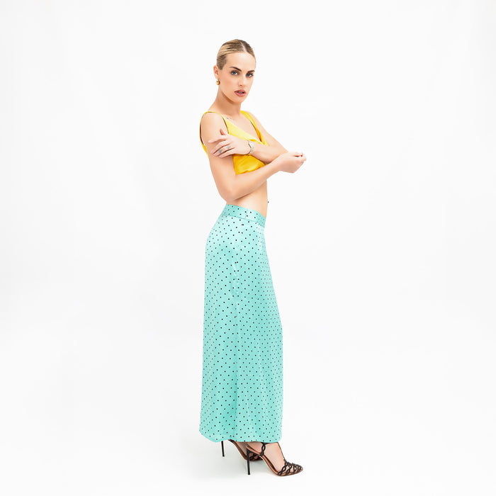 Aquamarine Polkadot Print Satin Low-Waisted Maxi Skirt