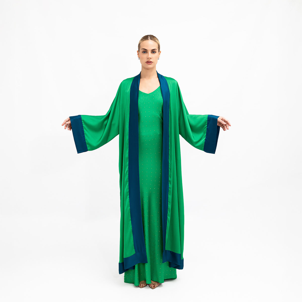 Green Blue Cuffs Satin Abaya Kaftan