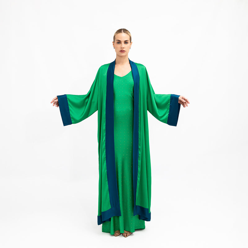 Green Blue Cuffs Satin Abaya Kaftan