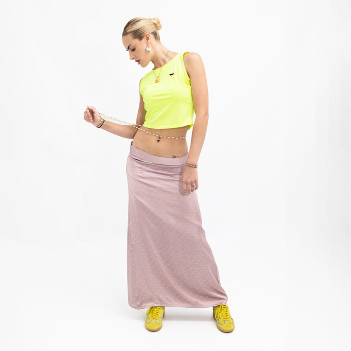 Lavender Polkadot Print Satin Low-Waisted Maxi Skirt