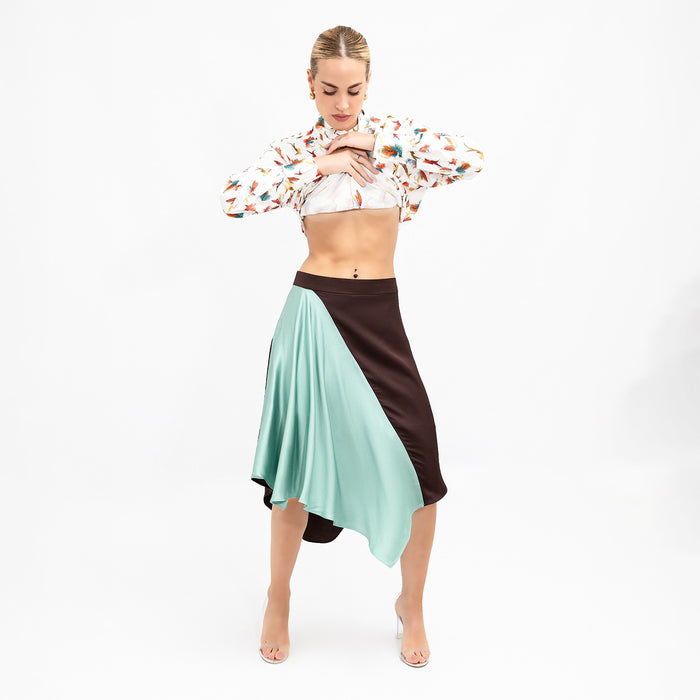 Mint Chocolate Viscose Low-Waisted Asymmetric Midi Skirt